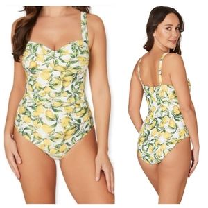 Nip Tuck Swim Joanne One-Piece Twist Front Lemon Print White Yellow Green 12